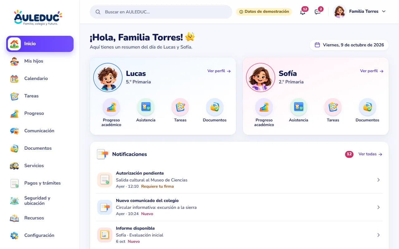 Pantalla de inicio de una familia en AULEDUC, con datos de demostración